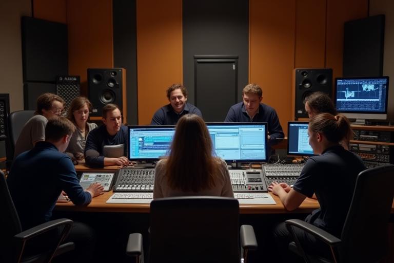 Students working together in a professional studio control room, collaborating on a project