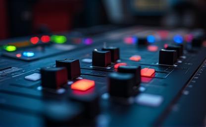 Close up of a professional audio mixing console with glowing faders, representing audio engineering training