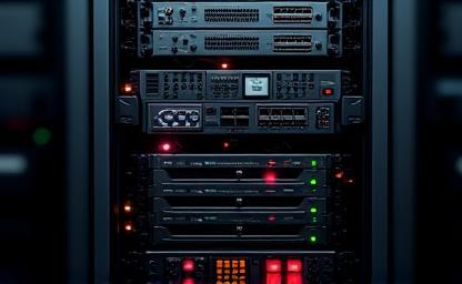 Rack of network and audio/video equipment with blinking lights, representing studio system integration