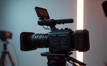 Video camera recording in a studio setup with background monitors, representing broadcast video production