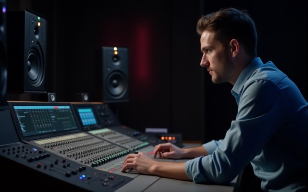 Person working with a professional audio mixer and studio monitor speakers, demonstrating hands-on studio training